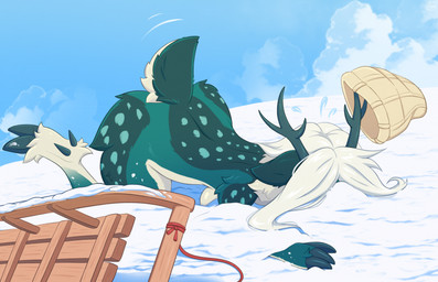 anthro ass_up clothing day female fur green_body green_fur green_hooves hair hat headgear headwear hooves long_hair markings outside sky sled snow solo spots spotted_markings tail tan_body tan_fur eloya_art deer mammal colored digital_drawing_(artwork) digital_media_(artwork) hi_res shaded