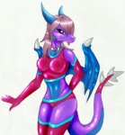 anthro blue_eyes breasts collar female horn looking_at_viewer membrane_(anatomy) membranous_wings non-mammal_breasts purple_body purple_skin solo tail wings blazinflizard mythology dragon mythological_creature mythological_scalie scalie