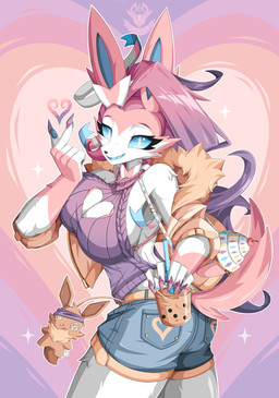 anthro anthrofied beverage big_breasts bottomwear breasts butt butt_pose claws clothed clothing denim denim_bottomwear denim_clothing female fluffy fur hair heart_symbol jacket jeans looking_at_viewer open_mouth pants paws plushie pose shorts simple_background solo sweater tail thick_thighs topwear white_body krampuscorner nintendo pokemon canid canine eevee eeveelution generation_1_pokemon generation_6_pokemon mammal pokemon_(species) sylveon absurd_res digital_media_(artwork) hi_res
