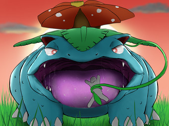 bodily_fluids detailed_background drooling duo feral inside_mouth looking_at_viewer macro male micro mouth_shot open_mouth oral_vore prey_in_mouth saliva size_difference solo tongue tongue_wrap vore naoki185 nintendo pokemon bulbasaur generation_1_pokemon pokemon_(species) venusaur 4:3 hi_res redraw remake