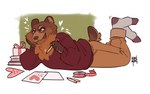 anthro bear blais brown_bear brown_body brown_fur brown_nose clothing conditional_dnp footwear fur holidays male mammal socks solo sorimori tongue tongue_out ursine valentine's_day valentine's_day_card writing_utensil