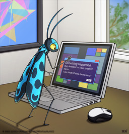 abstract_art ambiguous_gender antennae_(anatomy) anthro black_body blue_antennae blue_body computer computer_mouse desk electronics furniture implied_transformation inside laptop looking_at_self multicolored_body neck_tuft plant popup solo table text thin_arms thin_legs tree tuft two_tone_body window wings wireless_mouse yellow_eyes moth_monarch arthropod butterfly insect lepidopteran 2016 english_text watermark