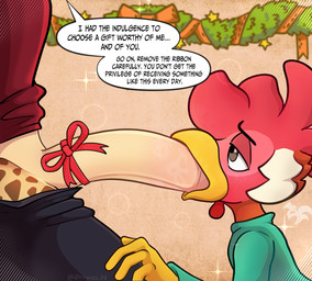 anthro balls big_penis boss_and_employee clothed clothing dialogue duo erection fellatio genitals huge_penis male male/male nude oral penile penis sex simple_background text zaryuzu_73 avian bird chicken galliform giraffe giraffid mammal phasianid comic digital_media_(artwork) english_text