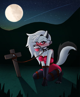 anthro arms_together ball_gag bdsm blush bodily_fluids bondage bound breasts cleavage clothed clothing collar cross dress drooling female frogtied full_moon gag leash legs_tied looking_at_viewer moon red_sclera restraints rope rope_bondage saliva shooting_star solo spiked_collar spikes toeless_legwear toeless_stockings zeecibee hellaverse helluva_boss mythology loona_(helluva_boss) canid canid_demon canine demon hellhound mammal mythological_canine mythological_creature hi_res