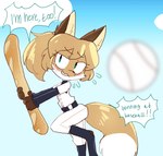 anthro baguette baseball blue_clothing bread brown_body brown_fur clothing dipstick_tail female female_anthro food fur gloves_(marking) green_eyes hair leg_markings looking_at_viewer markings simple_background socks_(marking) solo standing tail tail_markings text white_body white_clothing white_fur conditional_dnp fiddleafox averi_(fiddleafox) canid canine fox mammal english_text hi_res