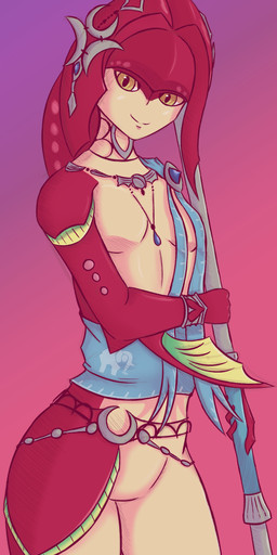 breasts clothing featureless_breasts featureless_crotch female jewelry looking_at_viewer melee_weapon polearm simple_background smile solo spear three-quarter_view weapon new_life breath_of_the_wild nintendo the_legend_of_zelda mipha aquatic zora absurd_res hatching_(art) hi_res shaded