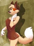 abstract_background anthro biped black_nose breasts eye_patch eyewear female looking_at_viewer orange_eyes pose scar simple_background smile solo standing tail towel towel_only portzebie nail_(character) canid canine fox mammal 2011 hi_res pinup