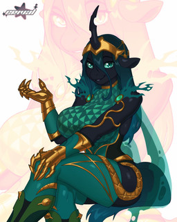 anthro armor black_body female gold_(metal) green_eyes hair horn long_hair pose sitting smile solo wings erival friendship_is_magic hasbro my_little_pony mythology queen_chrysalis_(mlp) equid equine mammal mythological_creature mythological_equine winged_unicorn absurd_res hi_res pinup