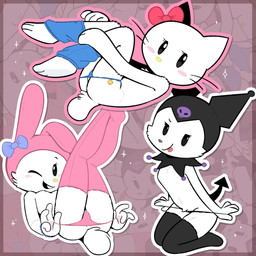anthro blowup_background blush clothing clothing_pull crotch_tuft female group legwear looking_at_viewer nub_tail simple_background smile thigh_highs thong thong_pull tongue tongue_out trio tuft underwear underwear_pull theartmanor hello_kitty_(series) onegai_my_melody sanrio hello_kitty_(character) kuromi my_melody 1:1 hi_res