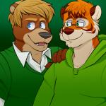 anthro black_nose blonde_hair blue_eyes brown_body brown_fur brown_nose duo eyewear fur glasses green_eyes hair male orange_body orange_fur vasuki burrbles october_tiger bear felid mammal pantherine tiger 1:1