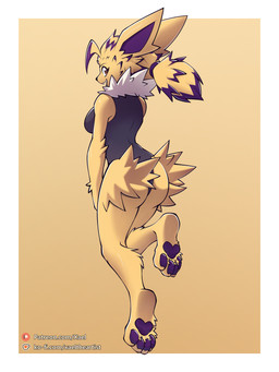 anthro anthrofied big_breasts breasts butt clothing feet female fur hair leotard looking_back pawpads paws ponytail purple_body purple_fur raised_leg rear_view smile soles solo spiky_hair swimwear toes yellow_body yellow_fur conditional_dnp xael_the_artist nintendo pokemon eeveelution generation_1_pokemon jolteon pokemon_(species) 3:4 absurd_res hi_res