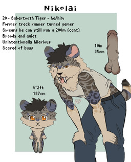 anthro balls big_penis biped breath character_bio cheek_tuft clothed clothed_anthro clothed_humanoid clothed_male clothing erection facial_tuft fluffy fluffy_chest front_view genitals humanoid_genitalia humanoid_penis leopard_spots male neck_tuft panting penis solo spots stripes text tuft ambrosiaphobia felid humanoid mammal prehistoric_species saber-toothed_tiger absurd_res english_text hi_res model_sheet