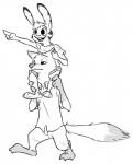 anthro barefoot bottomwear buckteeth carrying_another clothed clothing dipstick_tail duo facial_markings feet gloves_(marking) head_markings head_tuft male markings multicolored_tail pants pointng shirt simple_background tail tail_markings teeth topwear tuft white_background numbro disney zootopia jack_savage nick_wilde canid canine fox lagomorph leporid mammal rabbit red_fox true_fox monochrome sketch