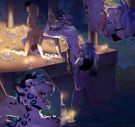 all_fours anthro backsack balls blue_hair bodily_fluids bottomless candle circumcised clothed clothing detailed_background erection eyes_closed fellatio fire genitals group hair humanoid_genitalia humanoid_penis kneeling licking male male/male neck_lick night nude open_mouth oral outside partially_clothed penile penis penis_lick pink_nose public saliva sex sitting teeth text tongue tongue_out rayley victory_(texdot) canid canine felid lagomorph leporid mammal pantherine rabbit snow_leopard tiger unknown_species 2016 character_request digital_media_(artwork) english_text hi_res signature