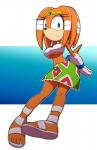 anthro big_breasts black_nose blue_eyes breasts clothing dreadlocks eyelashes female footwear gloves handwear looking_at_viewer orange_body orange_skin sandals shoes solo under_boob kojiro-brushard sega sonic_adventure sonic_the_hedgehog_(series) tikal_the_echidna echidna mammal monotreme 2017