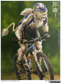 anthro armor athletic athletic_anthro athletic_male beverage bicycle bicycle_helmet border breath caption clock clothed clothing cycling cycling_jersey cyclist eyewear food front_view fur goggles gt_marathon headgear helmet inner_ear_fluff male mountain_bike outside panting racing snout solo tail text tuft vehicle watch white_body white_border white_fur raymond_yap alphaleo felid lion mammal pantherine 2008 chinese_text colored detailed english_text hi_res translated