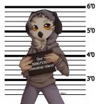 anthro beak chart clothed clothing feathers height_chart holding_object holding_sign imperial_unit jail_placard looking_at_viewer male mugshot number placard sign solo unit hibarikatsuru avian bird owl hi_res