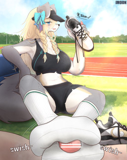 anthro asymmetrical_footwear barefoot blonde_hair blue_eyes blue_sky blush bodily_fluids bow_ribbon breasts claws clothing cloud dirty dirty_clothing dirty_socks duo feet female first_person_view foot_fetish foot_focus foot_play footjob footwear genitals grass hair human_on_anthro human_pov interspecies male male/female musk musky_feet nails pawpads paws penis plant plantigrade sex shoes sky smelly smelly_feet smelly_socks sock_fetish sockjob socks soles steamy_feet sweat tail two-footed_footjob white_clothing white_footwear white_socks yimoon640 canid canine canis human mammal wolf hi_res