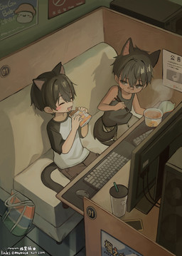 bandage bandage_on_face bandage_on_nose chopsticks clothed clothing computer_keyboard computer_mouse duo eyebrow_through_hair eyebrows eyes_closed food hair holding_chopsticks holding_object male open_mouth open_smile smile tail text translucent translucent_hair young young_humanoid young_male omurice-kun animal_humanoid canid canid_humanoid canine canine_humanoid cat_humanoid dog_humanoid felid felid_humanoid feline feline_humanoid humanoid mammal mammal_humanoid tailed_humanoid absurd_res english_text hi_res japanese_text tagme