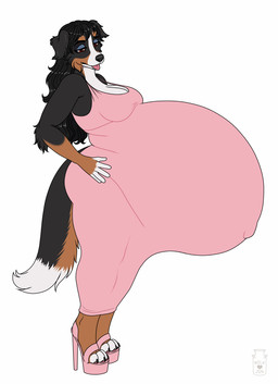 anthro belly big_belly black_body black_fur black_nose breasts brown_eyes clothed clothed_anthro clothed_female clothing dress eyelashes female footwear fur high_heels huge_belly narrowed_eyes navel navel_outline open_mouth orange_body orange_fur outie_navel pink_clothing pink_dress pink_footwear pink_high_heels pregnant pregnant_anthro pregnant_female shoes side_view simple_background solo standing tongue tongue_out white_background white_body white_fur milk-jug sally-may bernese_mountain_dog canid canine canis domestic_dog mammal molosser mountain_dog swiss_mountain_dog 2024 colored digital_drawing_(artwork) digital_media_(artwork) english_description full-length_portrait portrait