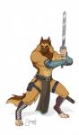 4_toes 5_fingers abs anthro armor belt biceps biped bottomwear brown_body brown_eyebrows brown_fur brown_nose brown_scabbard brown_tail chinese_sword claws clothed clothing digitigrade eyebrows feet fighting_pose fingers front_view fur han_jian holding_melee_weapon holding_object holding_sword holding_weapon loincloth male melee_weapon muscular muscular_anthro muscular_male navel pecs pose scabbard simple_background solo standing sword tail toe_claws toes vambrace weapon white_background white_claws yellow_eyes shamerli sarf belgian_shepherd canid canine canis domestic_dog herding_dog mammal pastoral_dog sheepdog 2019 digital_media_(artwork) full-length_portrait hi_res portrait signature