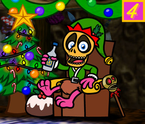 3_toes 4_fingers barefoot baubles bell_hat bent_arm bone bottle bottomwear brown_bottomwear brown_chair brown_clothing brown_line_art brown_loincloth cake candy candy_cane chair christmas_clothing christmas_star clothed clothed_humanoid clothed_male clothing container dessert feet festive fingers food fruit_cake fully_clothed fully_clothed_humanoid fully_clothed_male furniture garland gem green_clothing green_hat green_headwear green_line_art green_shirt green_topwear hat headgear headwear holding_bottle holding_container holding_object holidays holly_(plant) inside light loincloth magic_user male not_furry number on_chair orange_line_art pink_tongue plant purple_body purple_line_art purple_skin ruby_(gem) screencap screencap_background shaman shirt sitting sitting_on_chair skull skull_head smile smiling_at_viewer solo staff string_lights teeth text_box toes tongue topwear tribal_spellcaster wall_(structure) yellow_head yellow_line_art captainquack64 banjo-kazooie christmas rareware mumbo_jumbo_(banjo-kazooie) humanoid 2023 colored colored_line_art digital_drawing_(artwork) digital_media_(artwork) english_description hi_res lighting
