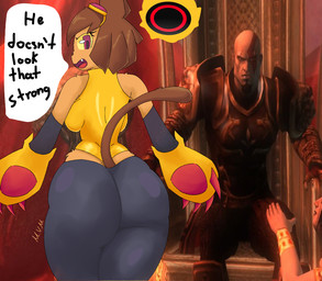 anthro big_butt brown_body brown_hair brown_tail butt button_prompt clothing club_arms duo eyewear eyewear_on_head female goggles goggles_on_head hair intersex male male/female red_eyes screencap screencap_background tail very_long_legs gaku_gaku gameoverse glitch_productions god_of_war sony_corporation sony_interactive_entertainment kit_bodega kratos domestic_cat felid feline felis humanoid mammal hi_res meme