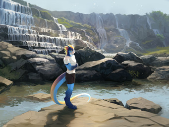 anthro barefoot black_bottomwear black_clothing black_pants blonde_hair blue_body bottomwear clothed clothing fangs feet hair looking_at_viewer male open_mouth outside pants plant rock shadow shirt shrub sky solo standing t-shirt tail teeth three-quarter_view topwear unsigned water waterfall white_clothing white_shirt white_t-shirt white_topwear yellow_body yellow_eyes corzh77 mythology teryx_commodore dragon mythological_creature mythological_scalie scalie 4:3 absurd_res full-length_portrait hi_res portrait