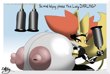 animal_print anthro areola big_breasts breasts collar cow_print cowbell eyelashes eyeshadow female fur grey_body grey_fur hair huge_breasts hyper hyper_breasts machine makeup milking_machine nipples open_mouth orange_hair pink_areola pink_nipples red_eyes solo tail text white_body white_fur yellow_body yellow_fur delphyarts nintendo pokemon delphox generation_6_pokemon pokemon_(species) absurd_res english_text hi_res