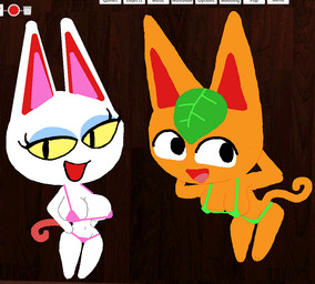 anthro big_breasts bikini breasts chibi cleavage clothed clothing duo fake_screencap female leaf looking_at_viewer micro_bikini orange_body pose pupils slit_pupils smile standing swimwear thong triangle_bikini two-piece_swimsuit underwear white_body mateora animal_crossing nintendo olivia_(animal_crossing) tangy_(animal_crossing) domestic_cat felid feline felis mammal 2026 colored