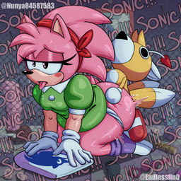 accessory anal_beads anthro bodily_fluids clothing dildo doll duo female footwear gloves hair_accessory hairband handwear kneeling male male/female open_mouth panties sex sex_toy shirt shoes sweat tongue tongue_out topwear underwear endlessfin vampiricpig classic_sonic_(universe) sega sonic_the_hedgehog_(series) amy_rose classic_amy_rose tails_doll eulipotyphlan hedgehog mammal 1:1