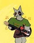 anthro brown_eyes evilsnak3 grin holding_object male music musical_instrument rock simple_background smile solo cu3rvo legends_of_avantris booker_(legends_of_avantris) mammal procyonid raccoon