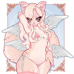 5_fingers abstract_background anthro bikini biped bottomwear breasts cleavage clothed clothing colored_nails curvy_figure eyebrow_through_hair eyebrows eyelashes facial_markings fangs feathered_wings feathers female fingers fluffy fluffy_tail front_view fur fur_markings glistening glistening_clothing glistening_eyes glistening_hair grey_eyes hair head_markings heart_symbol inner_ear_fluff lips long_hair looking_at_viewer markings medium_breasts midriff multi_eye multi_wing multicolored_body multicolored_fur nails navel pear-shaped_figure pink_bikini pink_body pink_bottomwear pink_clothing pink_fur pink_hair pink_nails pink_nose pink_swimwear pink_topwear raised_arm raised_tail skimpy solo sparkles swimwear tail teeth thick_thighs topwear translucent translucent_hair tuft two-piece_swimsuit white_body white_fur wide_hips wings malaikat angel canid canine canis fennec_fox fox mammal true_fox 1:1 2022 digital_drawing_(artwork) digital_media_(artwork) hi_res portrait three-quarter_portrait watermark