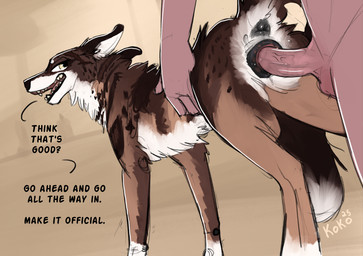 animal_genitalia animal_vulva anthro bestiality bodily_fluids canine_genitalia canine_vulva dialogue duo female female_feral female_penetrated feral feral_penetrated fur genital_fluids genitals grabbing_hips holding_hips human_on_feral human_penetrating human_penetrating_feral humanoid_genitalia humanoid_penis interspecies looking_back male male/female male_on_feral male_penetrating male_penetrating_female mottled mottled_genitalia mottled_vulva penetration penile penile_penetration penis raised_tail sex shallow_penetration tail tail_anus tail_aside text vaginal vaginal_fluids vaginal_penetration vulva queenkoko juniper_(fishymishy) canid canine canis human mammal wolf absurd_res english_text hi_res