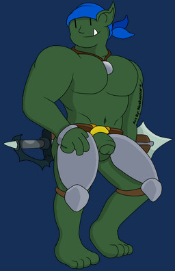 armor clothing flaccid foreskin genitals greaves green_body green_skin humanoid_genitalia humanoid_penis humanoid_pointy_ears jewelry kerchief male melee_weapon muscular muscular_humanoid muscular_male necklace not_furry pecs penis pointy_ears simple_background smile solo sword text tusks weapon conditional_dnp notkastar humanoid mammal orc 2018 alpha_channel digital_media_(artwork) english_text signature