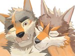 anthro duo eyebrows fur hug male male/male multicolored_body multicolored_fur muscular muscular_anthro muscular_male one_eye_closed thick_eyebrows underbite wink uv2fhcfpsh77197 lifewonders live_a_hero barrel_(live_a_hero) sterio canid canine canis domestic_dog mammal wolf 4:3 hi_res