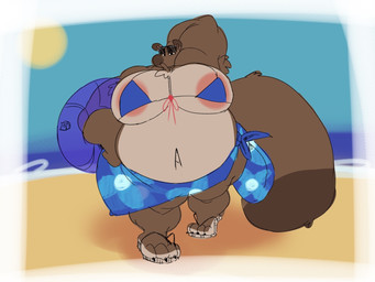 anthro beach belly big_belly big_breasts bikini bikini_top breasts brown_body brown_fur clothed clothing eyewear fur hair inflatable inner_tube looking_at_viewer male moobs navel nipples outside overweight pecs sand seaside sky solo sunglasses swimwear tail two-piece_swimsuit water ramsacked animal_crossing nintendo tom_nook_(animal_crossing) canid canine mammal raccoon_dog tanuki hi_res