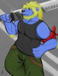 anthro armband blonde_hair blue_body blue_skin bottomwear clothed clothing fully_clothed fur green_bottomwear green_clothing grey_clothing grey_topwear hair high-angle_view male melee_weapon muscular muscular_anthro muscular_male pants pose shirt solo suspenders sword tank_top tight_clothing tight_topwear topwear tuft weapon weapon_on_shoulder gulidx_(artist) redec-the-lion felid lion mammal pantherine absurd_res digital_media_(artwork) hi_res