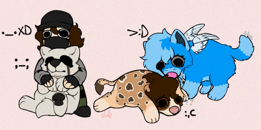 big_eyes bite black_clothing black_footwear black_nose black_pawpads black_shoes blue_body blue_fur blue_hair bodily_fluids bottomwear brown_body brown_fur brown_hair chibi clothing ear_bite ear_grab evil_face eyeless female female/female feral fingerless_gloves footwear fur gloves green_bottomwear green_clothing green_pants grey_clothing grey_jacket grey_topwear group hair handwear hug jacket male male/female male/male overweight pants paw_grab pawpads paws pink_nose sad scared symbol tail tail_between_legs tears topwear white_body white_fur white_wings wings danger_alex_draw alex_(danger_alex_draw) danger_(danger_alex_draw) hellar kunstler_(danger_alex_draw) canid canine canis human hyena mammal wolf digital_media_(artwork) flat_colors full-length_portrait hi_res portrait