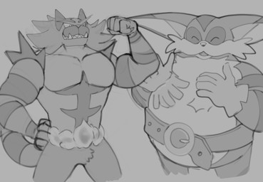 anthro belly belt belt_buckle biceps big_belly biped buckle clenched_teeth clothing duo eyes_closed fangs flexing flexing_bicep fur gloves grey_background handwear male markings muscular muscular_anthro muscular_male open_mouth open_smile overweight overweight_anthro overweight_male patting_belly pecs sharp_teeth simple_background smile striped_markings striped_tail stripes tail tail_markings teeth weight_difference xeniyy nintendo pokemon sega sonic_the_hedgehog_(series) big_the_cat domestic_cat felid feline felis generation_7_pokemon incineroar mammal pokemon_(species) 2023 absurd_res digital_drawing_(artwork) digital_media_(artwork) greyscale hi_res monochrome sketch