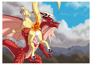 ambiguous_gender anthro burning butt butt_on_fire carrying_another detailed_background duo eyes_closed female feral fire fur membrane_(anatomy) membranous_wings open_mouth pain raised_tail red_body red_scales scales shoulder_carry tail tongue tongue_out wings yellow_body yellow_fur pequedark-velvet mythology re:zero frederica_baumann dragon felid leopard mammal mythological_creature mythological_scalie pantherine scalie absurd_res character_request digital_media_(artwork) hi_res
