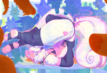 anthro anus_peek big_butt bikini bodily_fluids bulge butt clothing gloves group handwear legwear looking_at_viewer male musk narrowed_eyes scent_play sniffing sweat swimwear thick_thighs thigh_highs two-piece_swimsuit white_body smashmat nargle_(nargleflex) canid canine canis mammal mephitid skunk wolf absurd_res hi_res