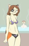 anthro bikini biped black_body black_fur black_nose blush breasts brown_hair clothed clothing duo eye_markings eyewear fangs female fist fur glasses grumpy hair male markings medium_breasts mottled navel orange_body orange_fur outside piebald pink_nose purple_bikini purple_clothing purple_swimwear smile steam swimming_pool swimwear teeth two-piece_swimsuit white_body white_fur yellow_bikini yellow_clothing yellow_swimwear ritts nate_(ritts) technicolor_pie_(character) calico_cat domestic_cat felid feline felis ictonychine mammal marbled_polecat mustelid musteline polecat_(mustelid) 2008