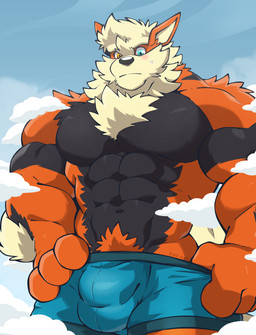 abs anthro barazoku big_muscles biped body_hair bottomwear bulge chest_hair clothed clothing detailed_bulge fur happy_trail heterochromia macro macro_anthro macro_male male male_anthro muscular muscular_anthro muscular_male orange_body orange_fur outside pecs shorts shorts_only solo teeth topless tuft oinu_kori nintendo pokemon kori_(oinu_kori) arcanine canid canine generation_1_pokemon mammal pokemon_(species) digital_media_(artwork) hi_res