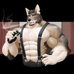 abs anthro biceps cigarette clothing fingers fur hair male multicolored_body multicolored_fur muscular muscular_anthro muscular_male nipples pecs scar smoking solo titandraugen echo_(series) echo_project the_smoke_room william_adler canid canine canis coyote mammal 1:1 digital_media_(artwork) hi_res