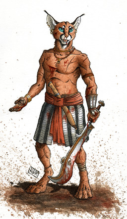 5_fingers ankle_wraps anklet anthro armband armor barefoot belt biped blood blood_on_arm blood_on_armor blood_on_body blood_on_chest blood_on_face blood_on_hand blood_on_sword blood_on_weapon blue_eyes bodily_fluids bracelet brown_body brown_fur choker clothed clothing digitigrade ear_piercing ear_ring ear_tuft feet fingers fur gauged_ear holding_melee_weapon holding_object holding_sword holding_weapon jewelry looking_up male melee_weapon necklace nosebleed open_mouth pawpads piercing ring_piercing scabbard scale_armor scar simple_background solo standing sword topless tuft vambrace weapon white_background wounded 0laffson caracal caracal_(genus) felid feline mammal 2018 hi_res painting_(artwork) signature traditional_media_(artwork) traditional_painting_(artwork) traditional_watercolor_(artwork) watercolor_(artwork)