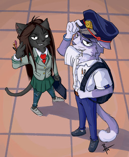 anthro backpack clothing duo female hair hat headgear headwear male school_uniform student u.a._school_uniform uniform thelivingtrashcan my_hero_academia bo_(thelivingtrashcan) domestic_cat felid feline felis mammal 2019
