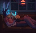 anthro arthur_(lapinbeau) bear blonde_hair bottomwear cellphone clothing cuddling denim denim_bottomwear denim_clothing domestic_rabbit duo electronics female flemish_giant fur furniture hair half-closed_eyes hi_res jeans krista_blonde lagomorph leporid lying male mammal narrowed_eyes naughtyjester on_sofa oryctolagus pants phone purple_body purple_fur purple_hair rabbit shirt sleeping smartphone sofa t-shirt topwear