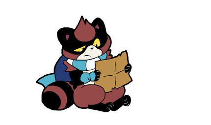 black_body black_nose brown_body chibi map scarf simple_background sitting solo white_background parker_simmons curry_(copyright) curry_(parker_simmons) canid canine mammal raccoon_dog tanuki 2022