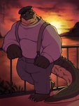 anthro barefoot bottomwear bulge clothed clothing feet fully_clothed hat headgear headwear long_sleeves looking_at_viewer male manly mature_male muscular outside pants shirt solo sunset suspenders topwear khangakhai alligator alligatorid crocodilian reptile scalie 3:4 hi_res